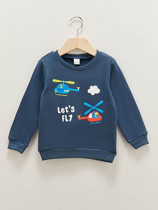 Bisiklet Yaka Uzun Kollu Bask?l? Pamuklu Erkek Bebek Sweatshirt