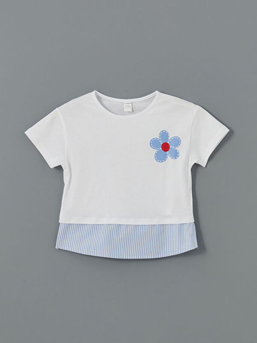 Bisiklet Yaka ?i?ekli K?z ?ocuk Ti??rt