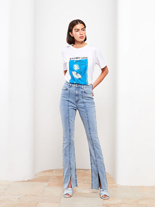 Y?ksek Bel Wideleg D?z Geni? Pa?a Kad?n Rodeo Jean Pantolon