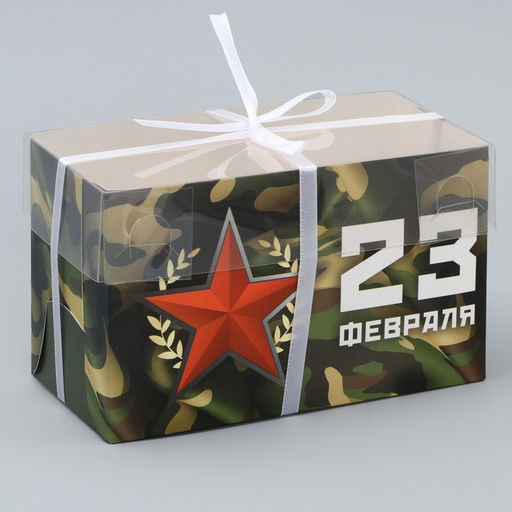 Цена за 5 шт. Коробка для капкейка, кондитерская упаковка, 2 ячейки, «23 февраля», 16×8×10 см