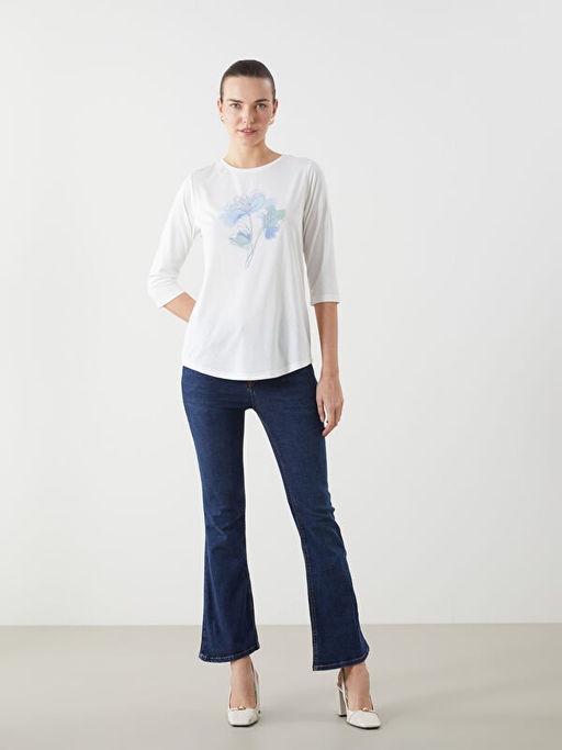 Bisiklet Yaka Bask?l? Kad?n Ti??rt