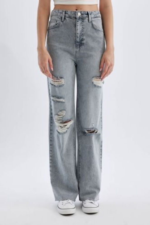 90s Wide Leg Y?rt?k Detayl? Yuksek Bel Uzun Jean Y?kamal? Pantolon