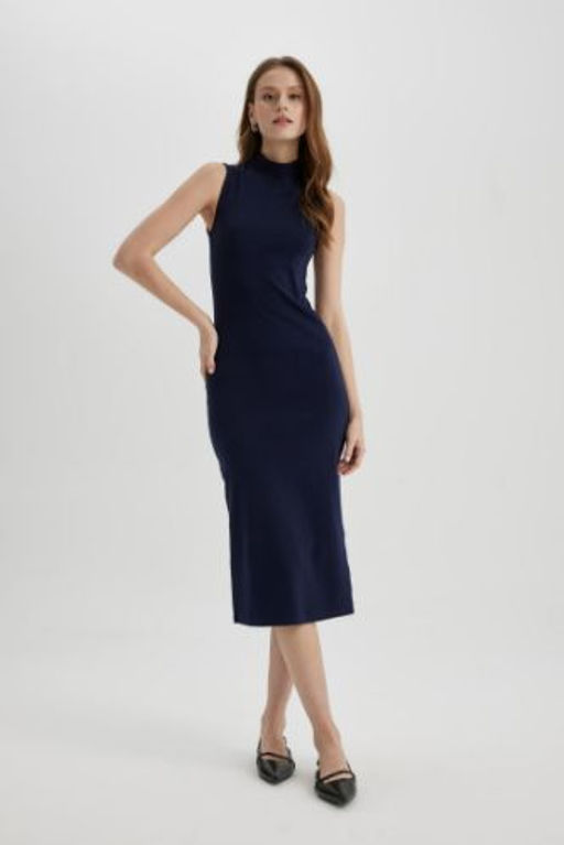Bodycon Yar?m Bal?kc? Yaka Premium Kolsuz Midi Elbise