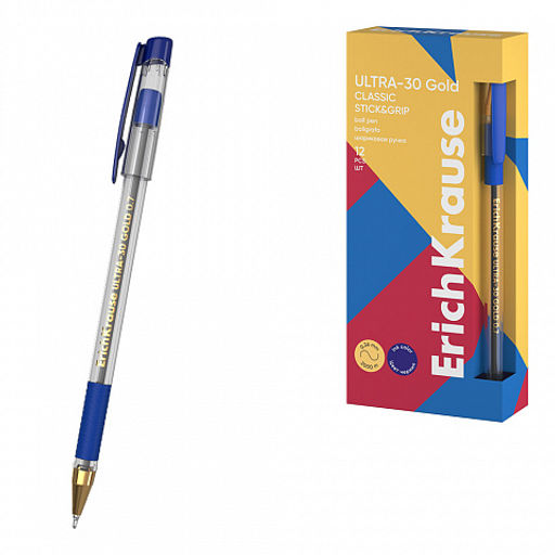 Цена за 12 шт. Ручка шариковая ErichKrause ULTRA-30 Gold Stick&Grip Classic 0.7, Super Glide Technology, цвет чернил красный (в коробке по 12 шт.)  фото 2