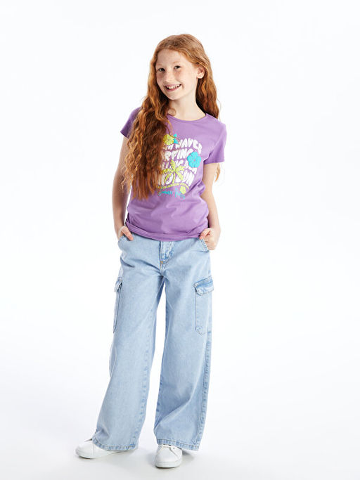 Bisiklet Yaka Bask?l? K?sa Kollu K?z ?ocuk Ti??rt - Waikiki фото 5