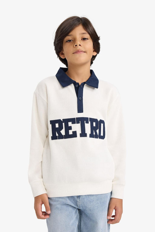 Oversize Geni_ Kal_p Polo Yaka Bask_l_ Selanik Kuma_ Sweatshirt Erkek _ocuk - Defacto фото 4