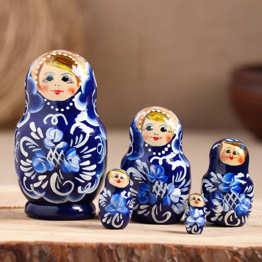 Матрёшка дерево «Гжель», т. синее платье, 5 кукольная, 10 см