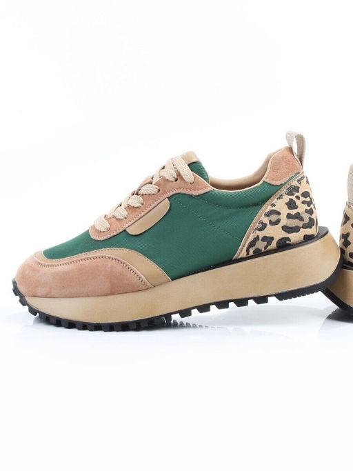 04-PDJ96-2 BEIGE/GREEN Кроссовки демисезонные женские (натуральная замша, натуральная кожа, текстиль)