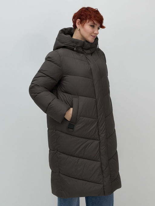 Пальто зимнее утепленное с капюшоном женское темно-коричневого цвета 7623TK - Visdeer фото 4