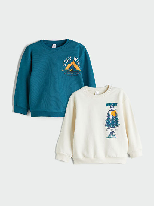 Bisiklet Yaka Bask?l? Erkek ?ocuk Sweatshirt 2li