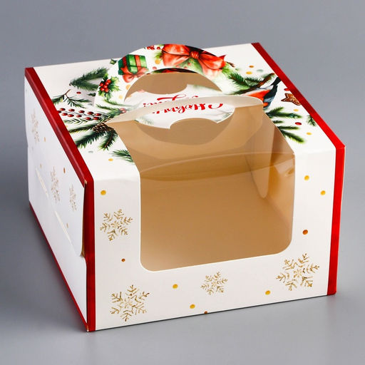 Коробка под бенто - торт с окном новогодняя «С Новым годом», 15.5×15.5×10 см