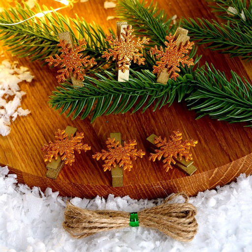 Цена за 2 шт. Прищепки декоративные новогодние Снежинки золотые, 6 шт.