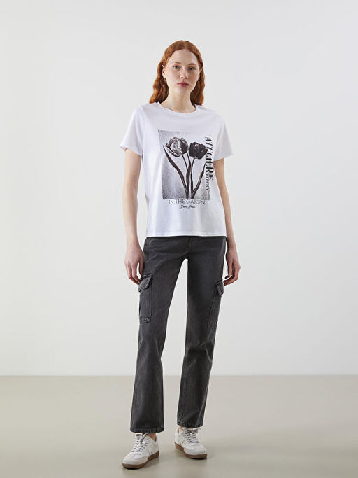 Bisiklet Yaka Bask?l? Penye Kad?n Ti??rt