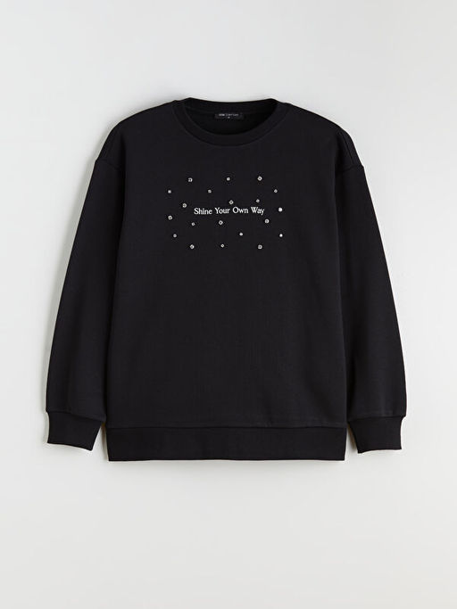 Bisiklet Yaka Ta?l? Kad?n Kal?n Sweatshirt