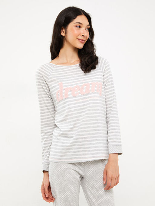 Bisiklet Yaka ?izgili Uzun Kollu Kad?n Pijama Tak?m?