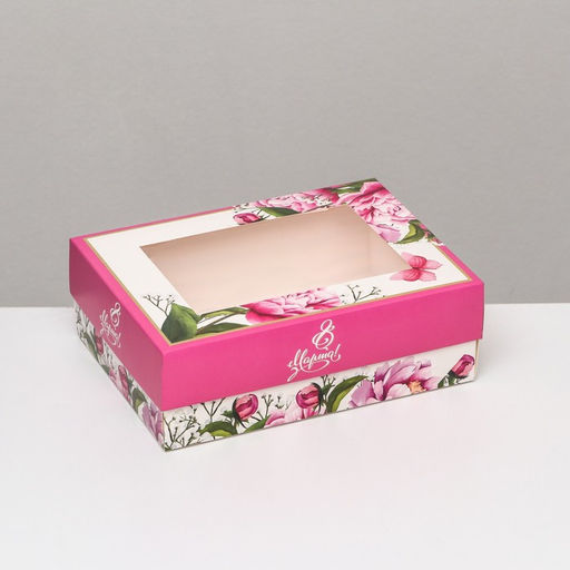 Цена за 5 шт. Коробка складная, с окном «Весенние пионы» 21×15×7 см