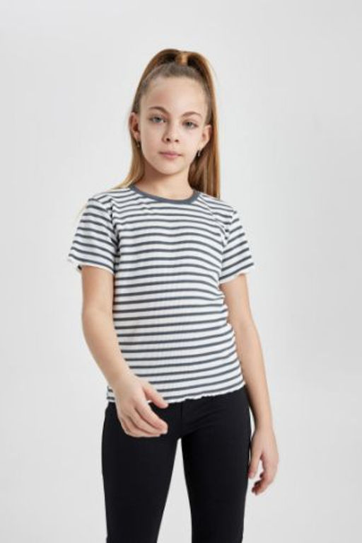 K?z Cocuk Slim Fit Dar Kesim Bisiklet Yaka Cizgili Fitilli Kaskorse K?sa Kollu Tisort