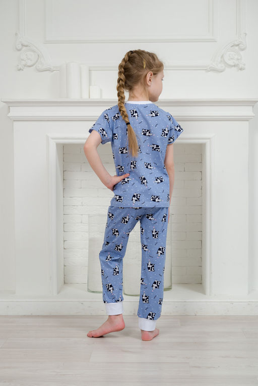 Пижама детская из футболки и брюк из кулирки Коровы голубой - Амадэль фото 2