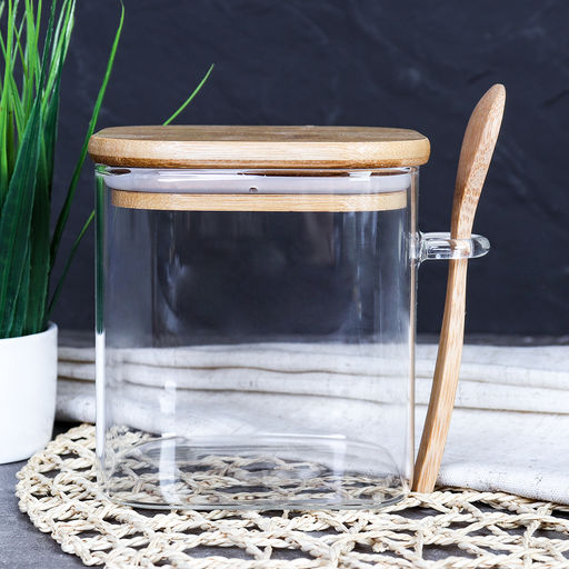 Банка квадратная бамбуковая крышка с ложкой d-100/100 550 мл / LCKW2917 /уп 64/ - Галеонтрейд фото 6