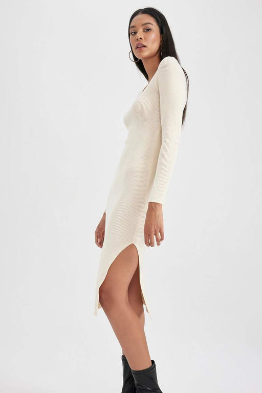 Приталенное платье миди в рубчик с квадратным вырезом и длинными рукавами и разрезом - Defacto фото 5