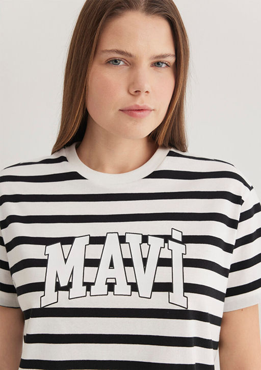 Mavi Logo Bask?l? Siyah Cizgili Tisort  фото 6