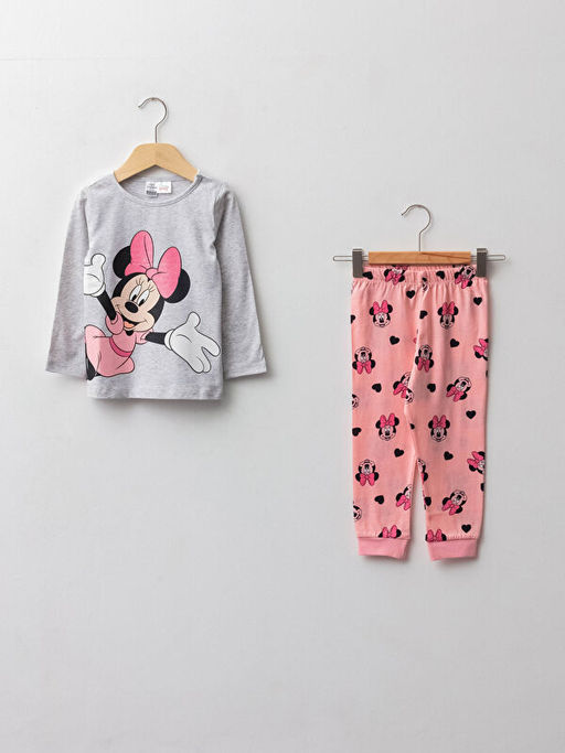 Bisiklet Yaka Uzun Kollu Minnie Mouse Bask?l? Pamuklu K?z Bebek Pijama Tak?m?