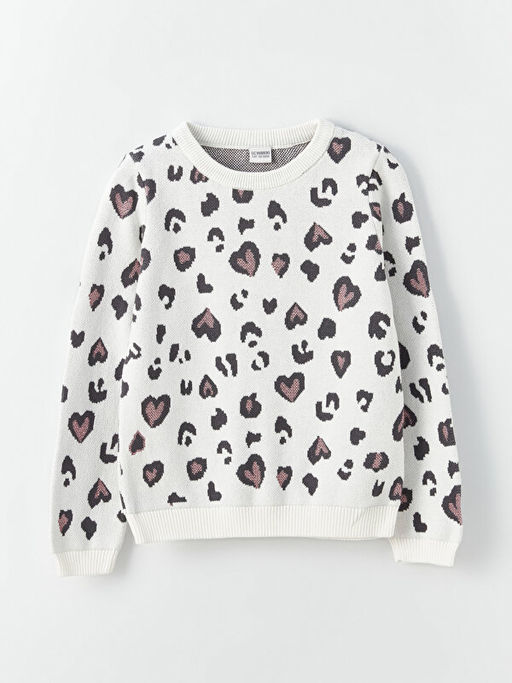 Bisiklet Yaka Desenli Uzun Kollu K?z ?ocuk Triko Kazak