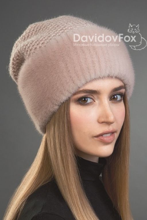 Шапка Камелия норка трикотаж дымчатая роза