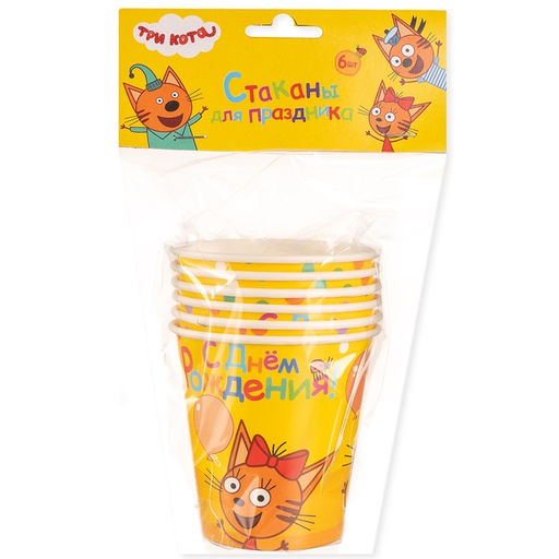 Цена за 2 шт. Стаканы одноразовые «Три Кота. Веселый День Рождения», набор 6 шт.