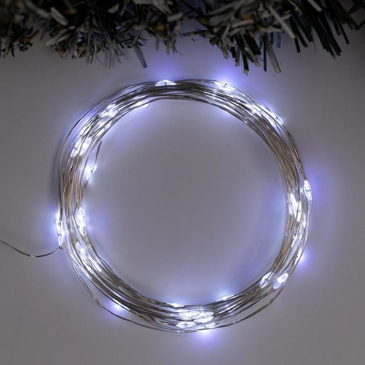 Гирлянда Нить 5 м роса, IP65, серебристая нить, 50 LED, 8 режимов, батарейки AAх3 (нет в комплекте), свечение белое