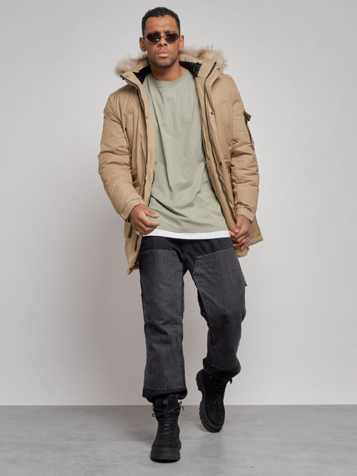 Парка мужская зимняя удлиненная с мехом бежевого цвета 8318B - Wonderrman фото 14