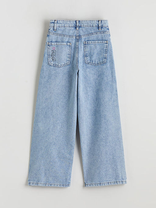 Wideleg Stitch ve Angel Bask?l? K?z ?ocuk Jean Pantolon