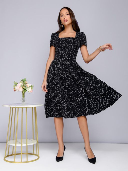 Платье черное в горошек длины миди с короткими рукавами - 1001dress фото 4