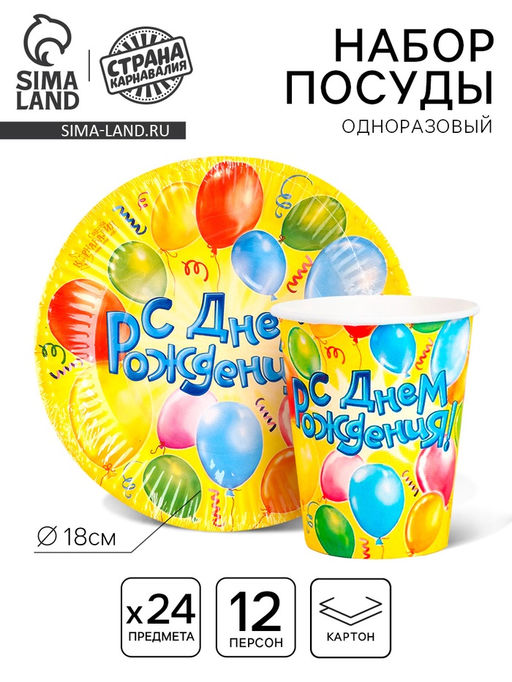 Одноразовая посуда С днем рождения, шары, 12 персон