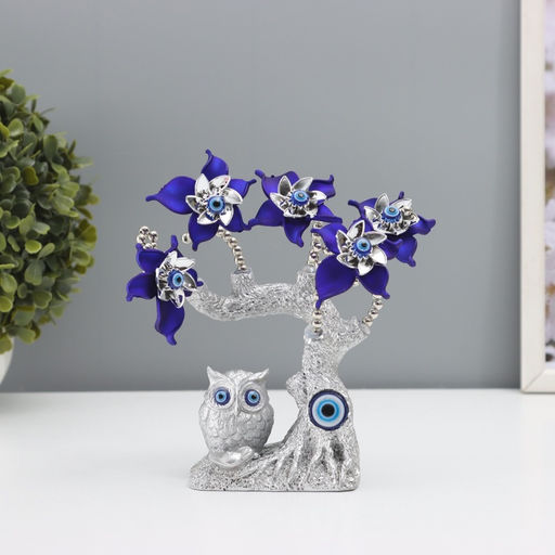 Фигурка от сглаза «Цветущее дерево. Филин со слитком золота», серебро, синий, 16×5.5×18.5 см