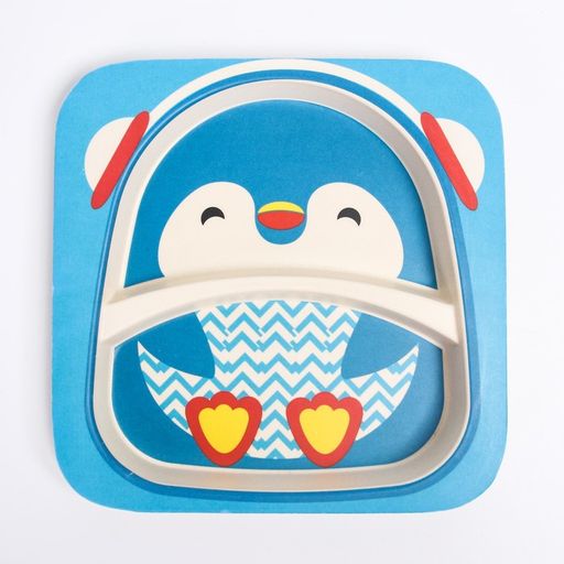 Набор детской бамбуковой посуды Пингвин, тарелка, миска, стакан, приборы, 5 предметов - Крошка я фото 3