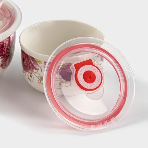 Набор салатников керамических с вакуумными крышками «Розалинда», 3 предмета: 250 мл, 550 мл, 850 мл, d=15,5/12,5/10 см