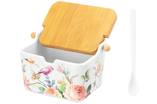 Банка д/сыпучих продуктов 950 мл 18,5*12,8*11 см Певчие птички+ложка+откид.бамб.крыш (без золота) - Elan gallery фото 5