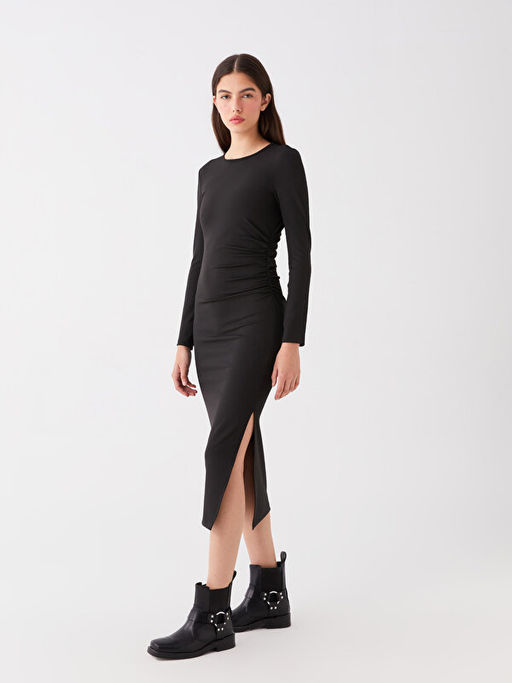 Bisiklet Yaka D?z Uzun Kollu Elbise