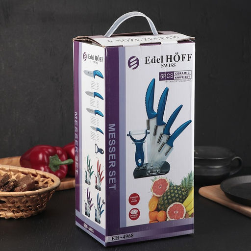 Набор кухонный на подставке «Изгиб», 5 предметов: 4 ножа, 7.5 см, 10 см, 13 см, 15 см, овощечистка, синий