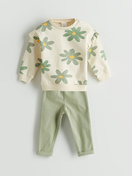 ?i?ekli K?z Bebek Sweatshirt ve Pantolon 2li Tak?m