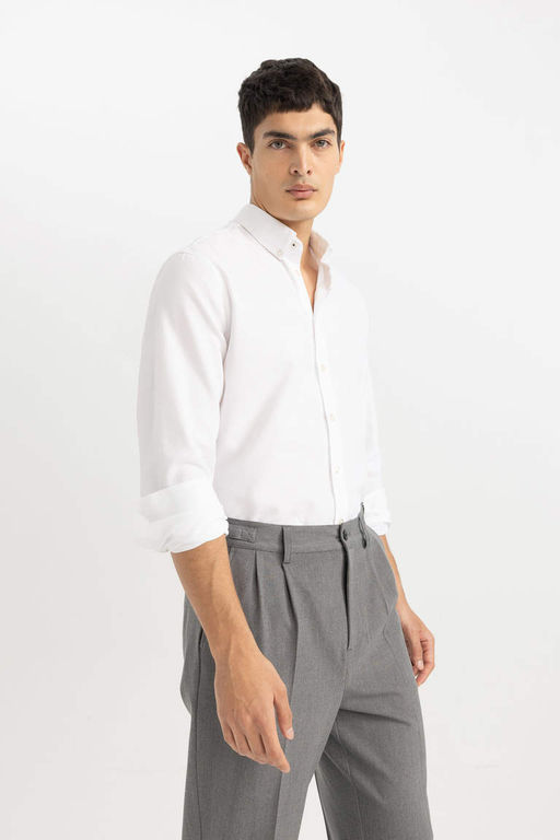 Рубашка с длинными рукавами и фактурной текстурой в современном стиле с воротником-поло - Defacto фото 4