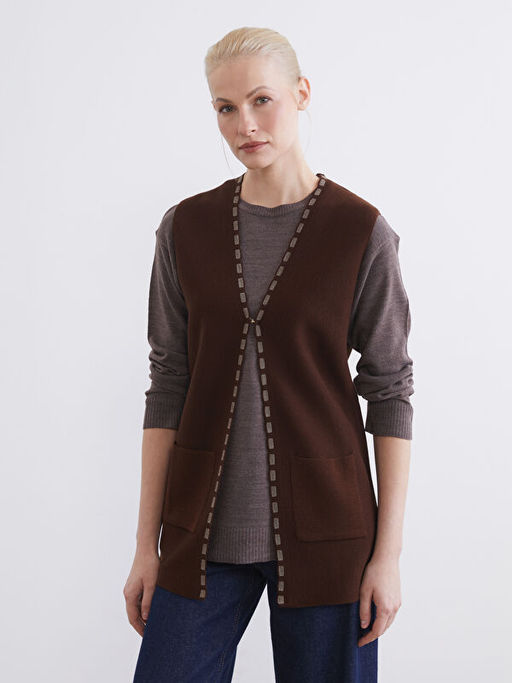 V Yaka Desenli Kad?n Triko Yelek