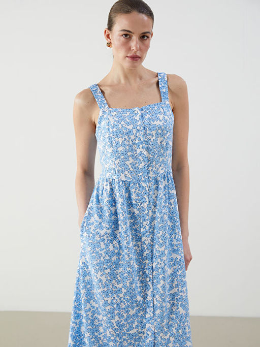 Kare Yaka ?i?ekli Elbise