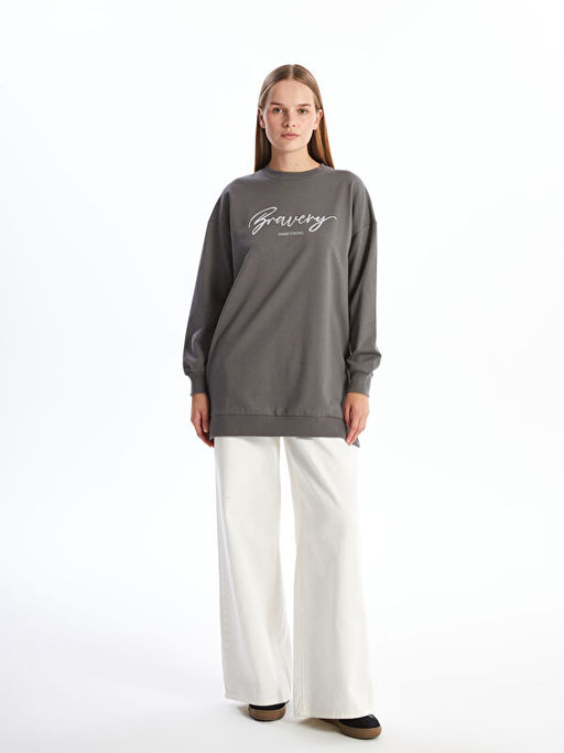 Bisiklet Yaka Bask?l? Kad?n Sweatshirt Tunik