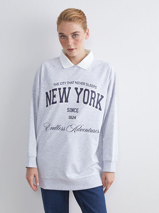 G?mlek Yaka Bask?l? Oversize Kad?n Sweatshirt Tunik