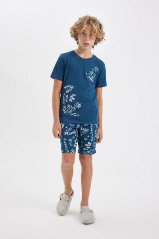 Erkek Cocuk Pijama Tak?m? Bisiklet Yaka Bask?l? K?sa Kollu Sort