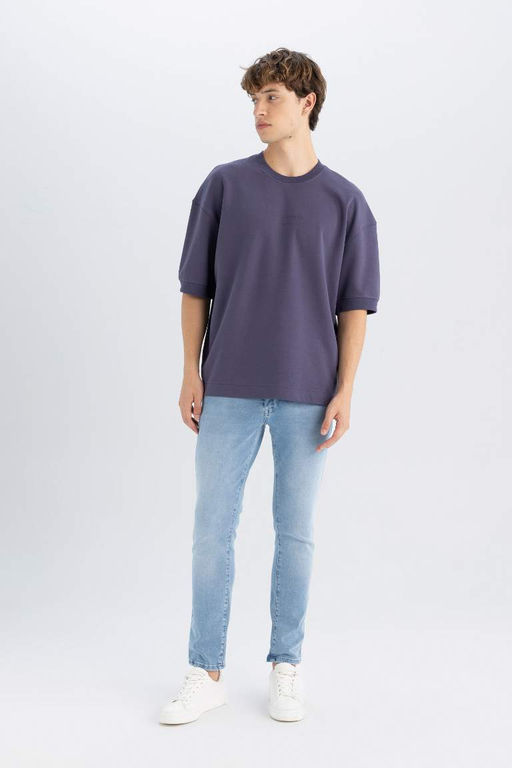 Свободная футболка из плотной ткани с круглым вырезом и принтом - Defacto фото 2