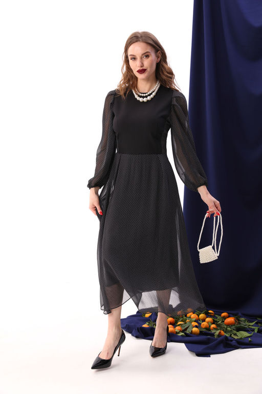 Платье NIKVA н416-7 чёрный+белый горошек