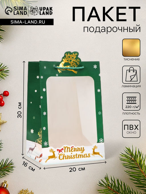 Цена за 10 шт. Пакет подарочный новогодний ламинированный, с окном Новый год, тиснение, 30?20?16 см